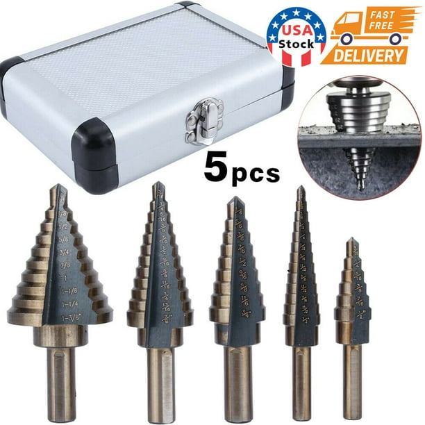 USA 5Pcs Large Metal Step Drill Bit Set HSS Multiple Hole 50 Sizes with Case